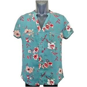 Rue 21 Womens  Blouse Top V-Neck Short Sleeve green Pink floral Size‎ L